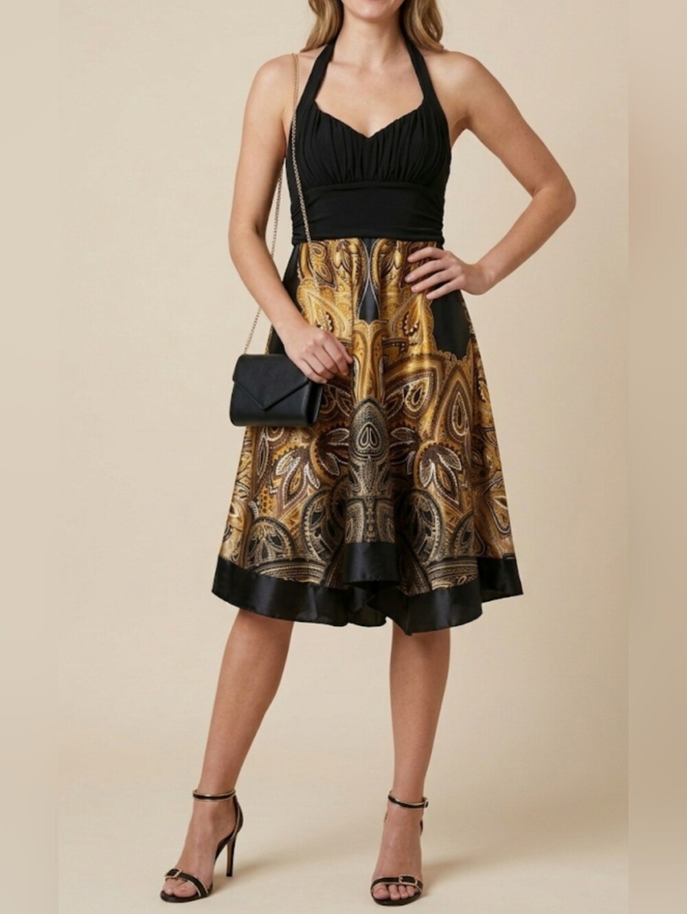 Le Chateau Paisley Halter Assymetrical Hem Dress / Sz M / Black, Mustard, Gold